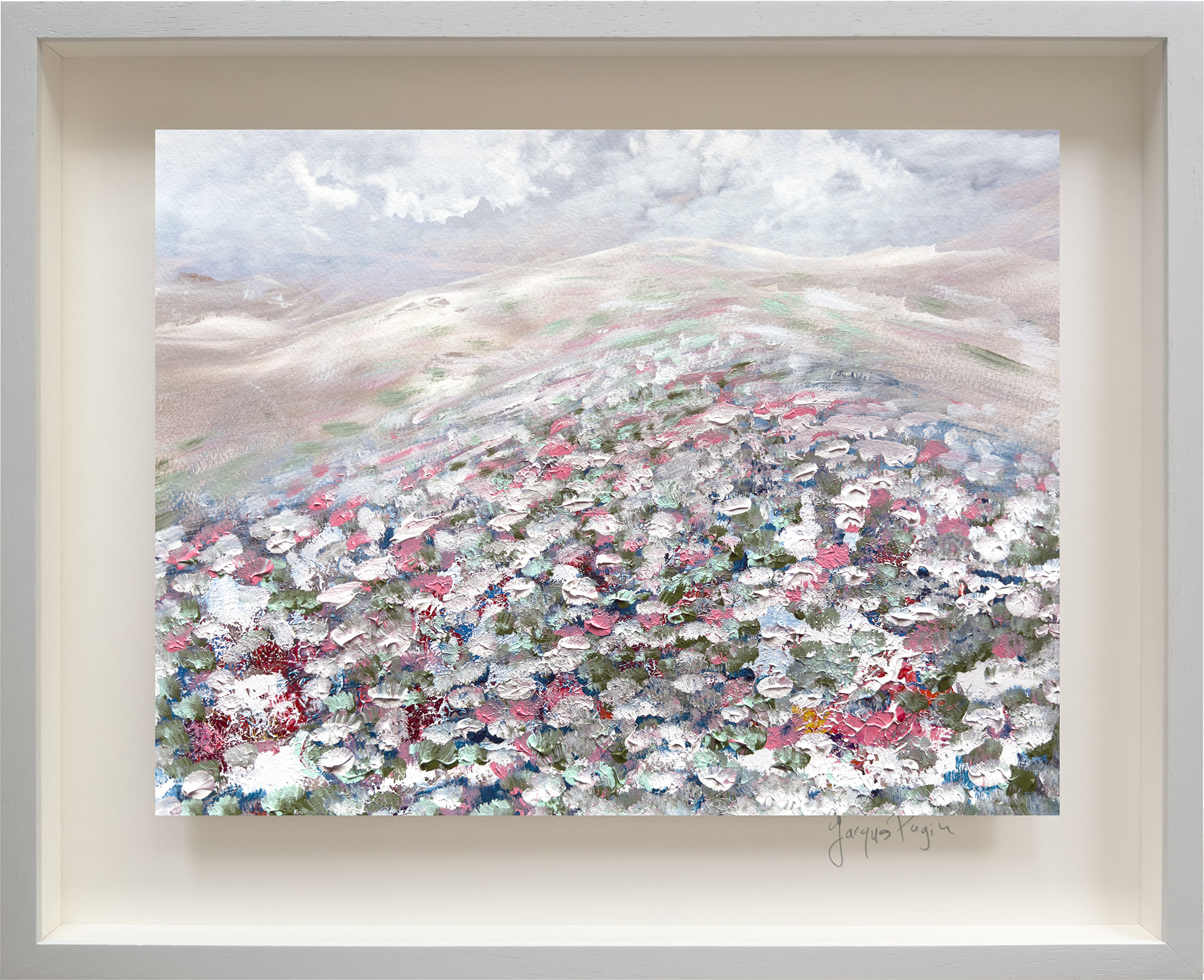 2025, La montagne assiégée N° 153 Photographie peinte à l’acrylique cadre plat peint gris avec réhausse et châssis biseauté + barre d’accroche fond carton blanc 42x50cm pour visuel en flottaison verre musée antireflet 3mm 42x50cm Photographie peinte collée sur alu 1mm 30x40cm, signée, pièce unique