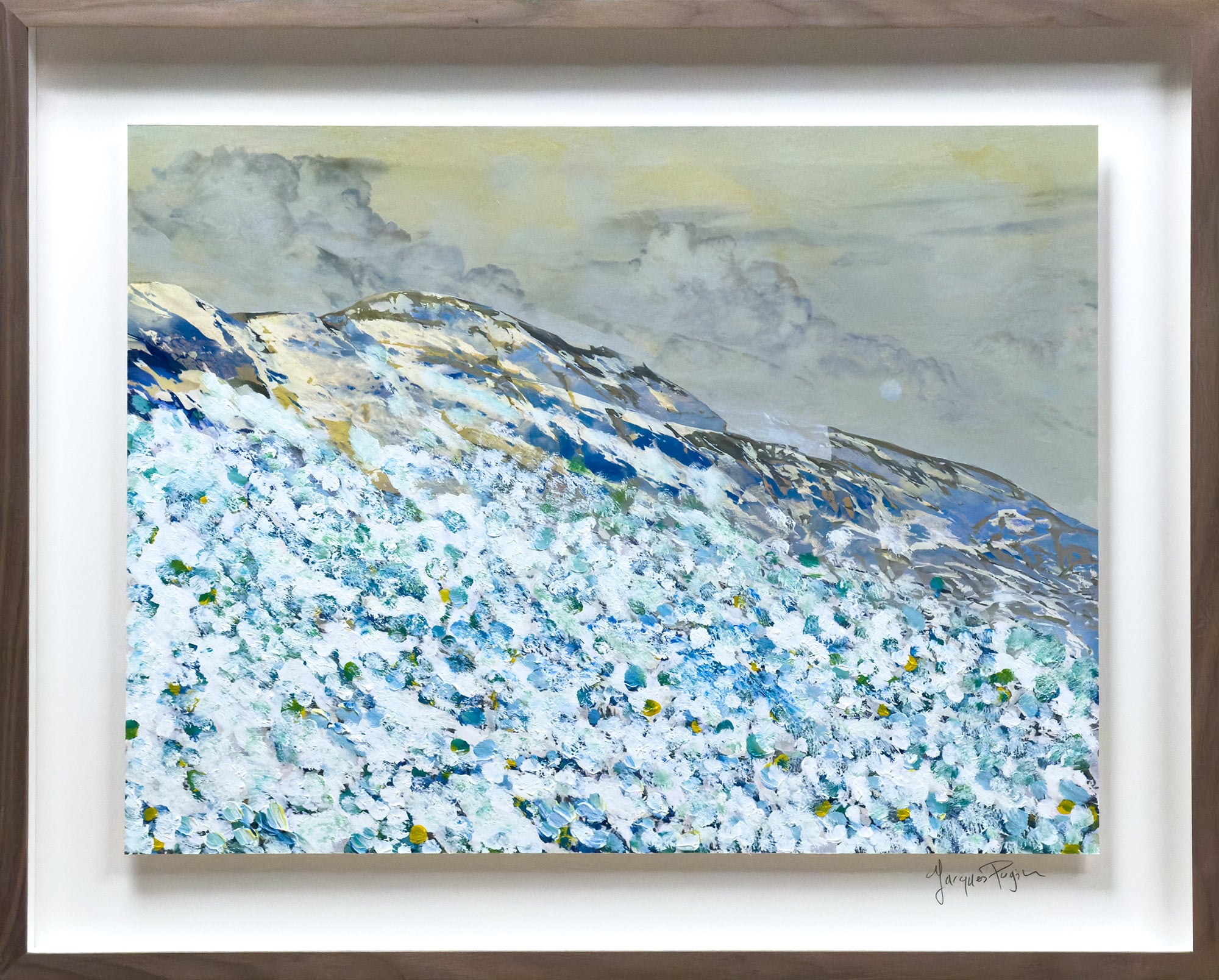   2025, La montagne assiégée N° 161 Photographie peinte à l&rsquo;acrylique cadre noyé avec réhausse et châssis biseauté + barre d&rsquo;accroche fond carton blanc 49×61,5m pour visuel en flottaison verre musée antireflet 3mm 51×63,5m Photographie peinte collée sur alu 1mm 38x51cm, cadre 51 x 63cm, signée, pièce unique.
