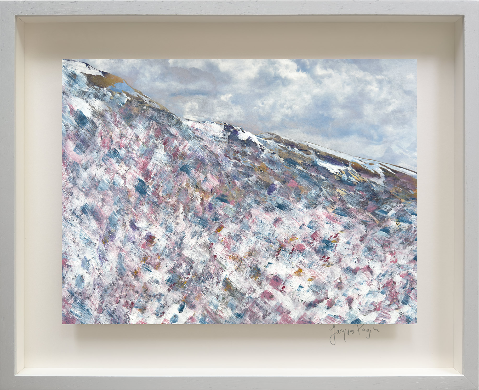 2025, La montagne assiégée N° 162 Photographie peinte à l’acrylique cadre plat peint gris avec réhausse et châssis biseauté + barre d’accroche fond carton blanc 50x60m pour visuel en flottaison verre musée antireflet 3mm 50x60m Photographie peinte collée sur alu 1mm 38x51cm, signée, pièce unique.